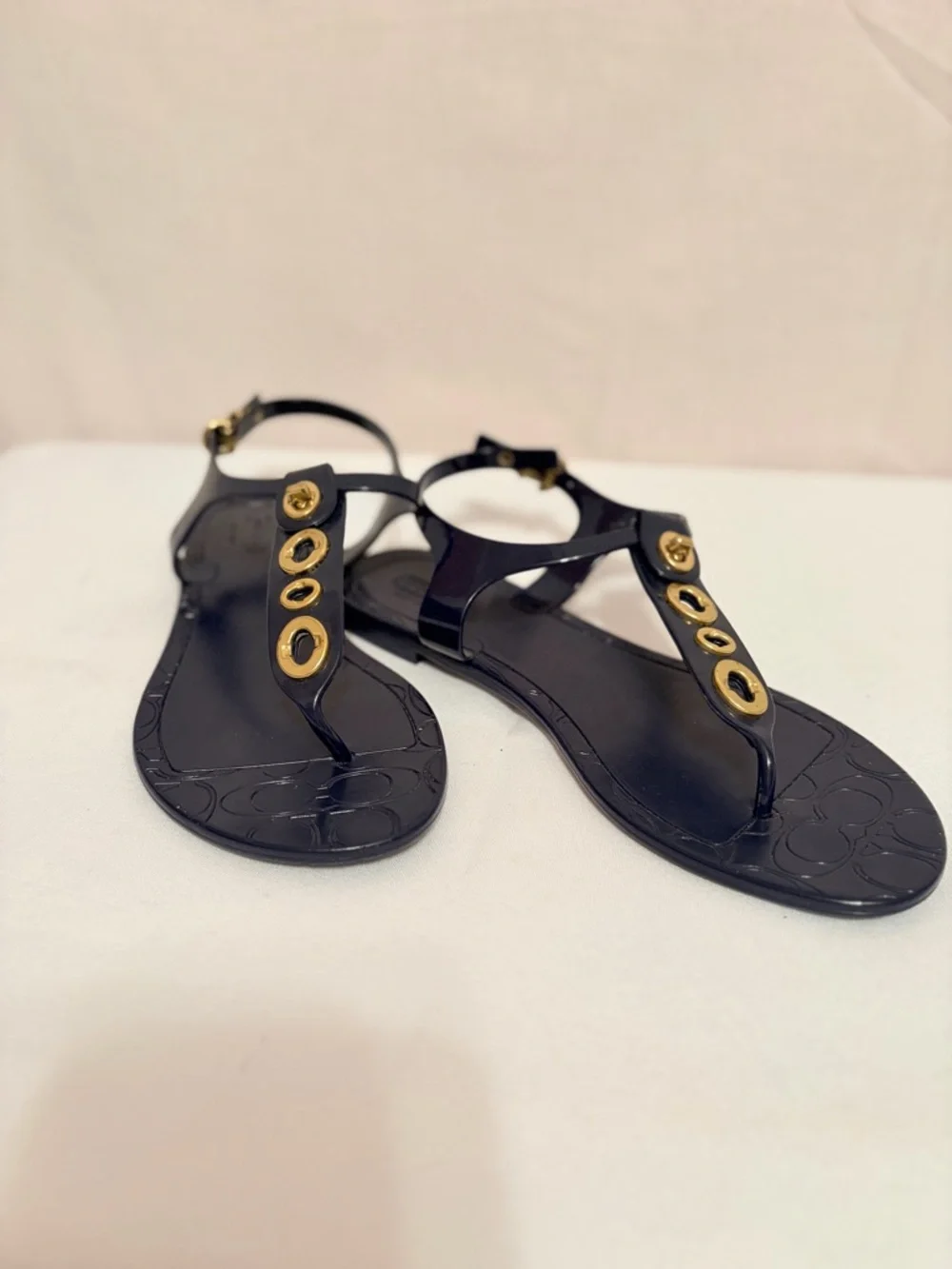 Coach Phila jelly thong sandals in navy blue/gold turnlock and O-ring details